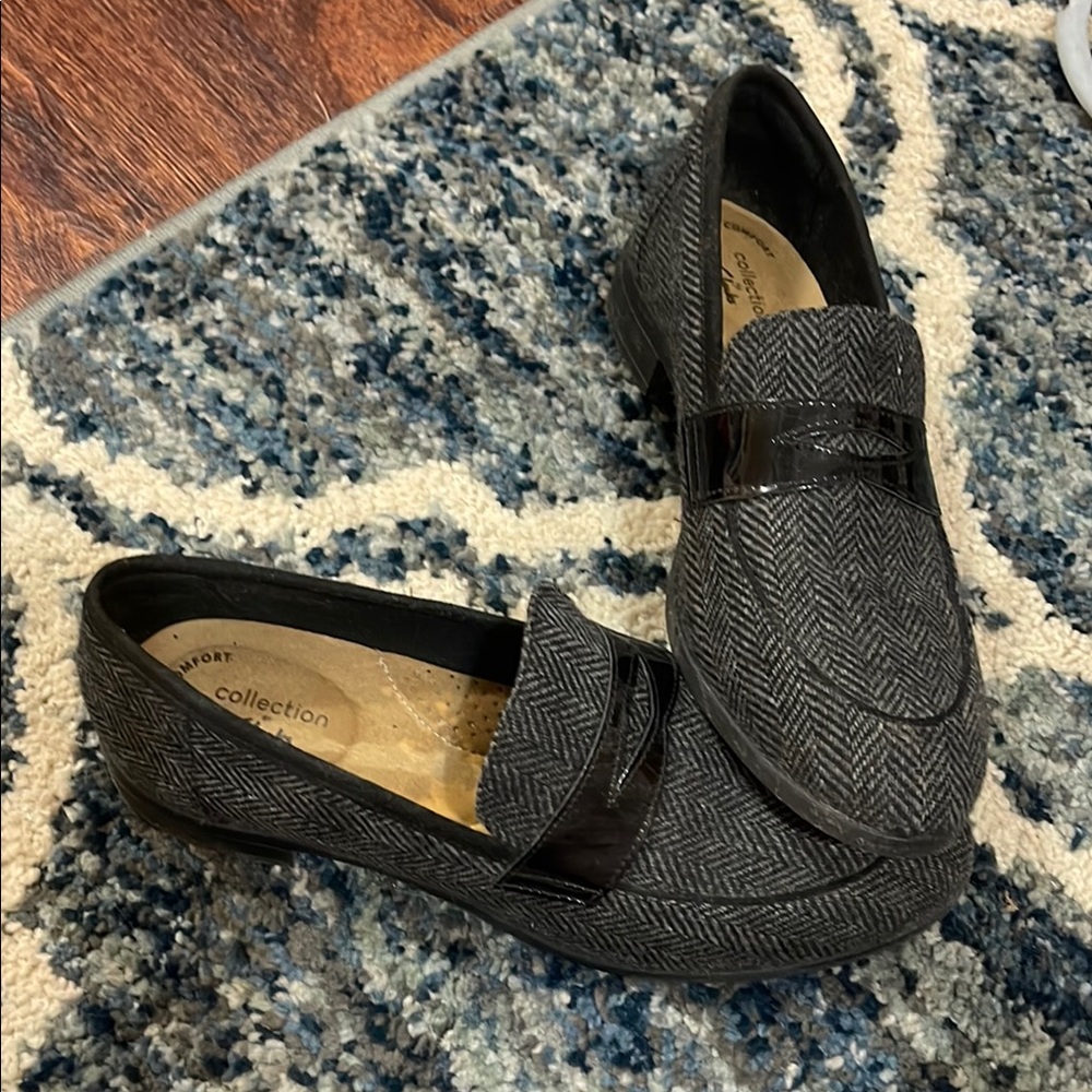 Gray Herringbone Loafers with Black Patent Trim